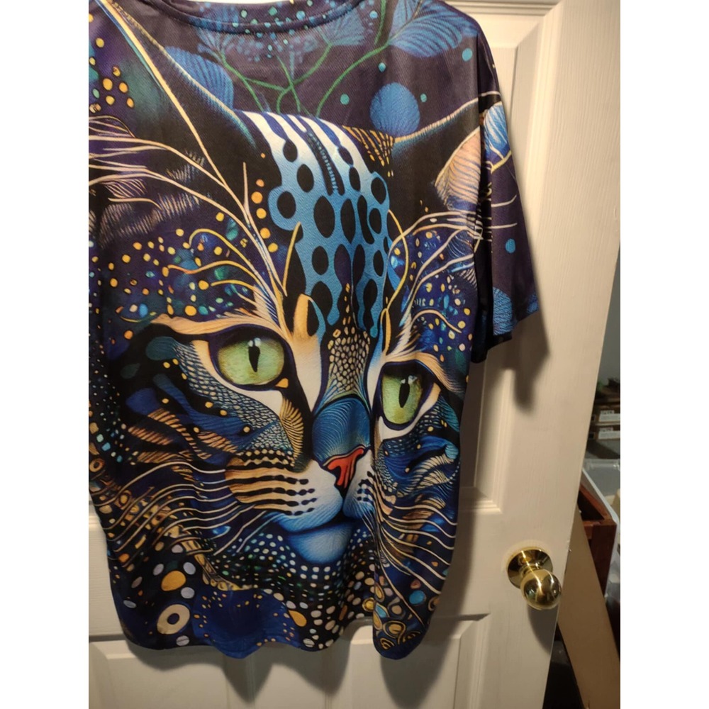 Unbranded Cosmic Cat Face All Over Print Shirt Blue XXL Psychedelic Graphic Tee - Picture 2 of 9